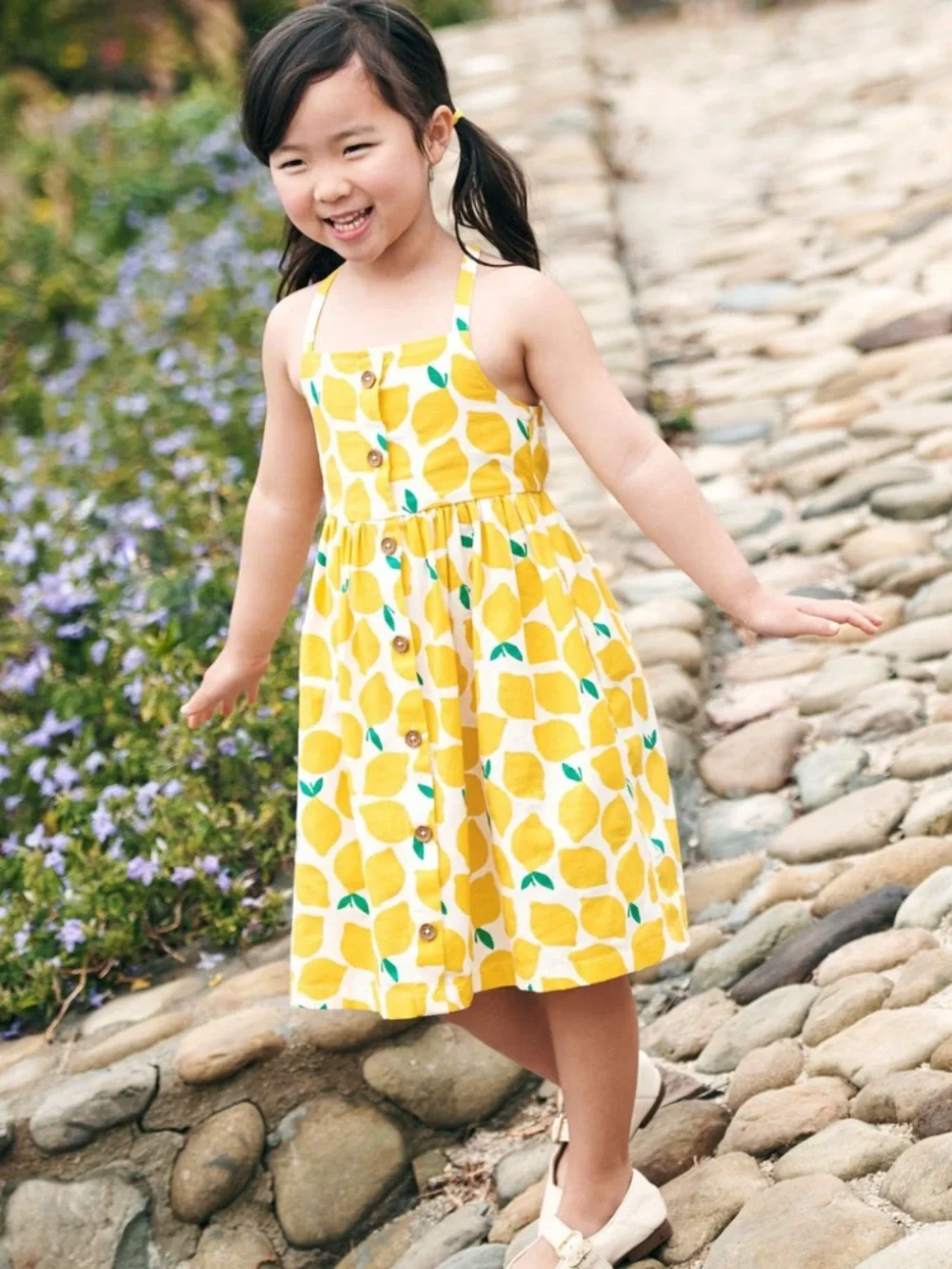 Hanna Andersson Girls' Yellow Lemon Print Sleeveless Linen Dress 6/7